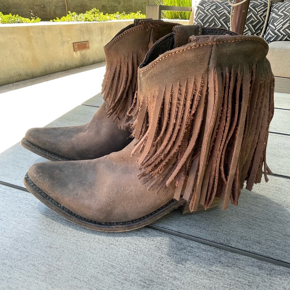 LIBERTY Black Brown Fringe Leather Heeled Boots